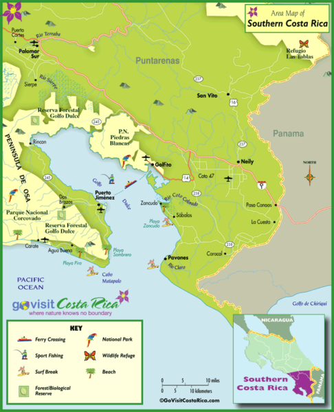 Costa Rica map of the Southern Zone